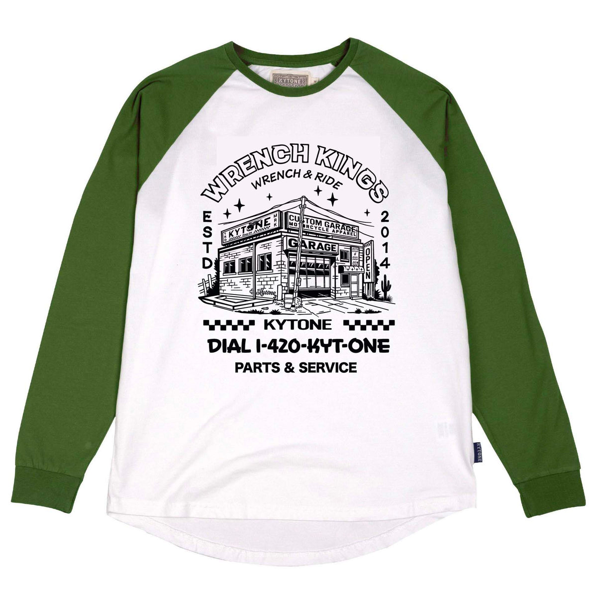 Kytone Wrench Long Sleeve Raglan T'Shirt - White/Army Green - Salt Flats Clothing