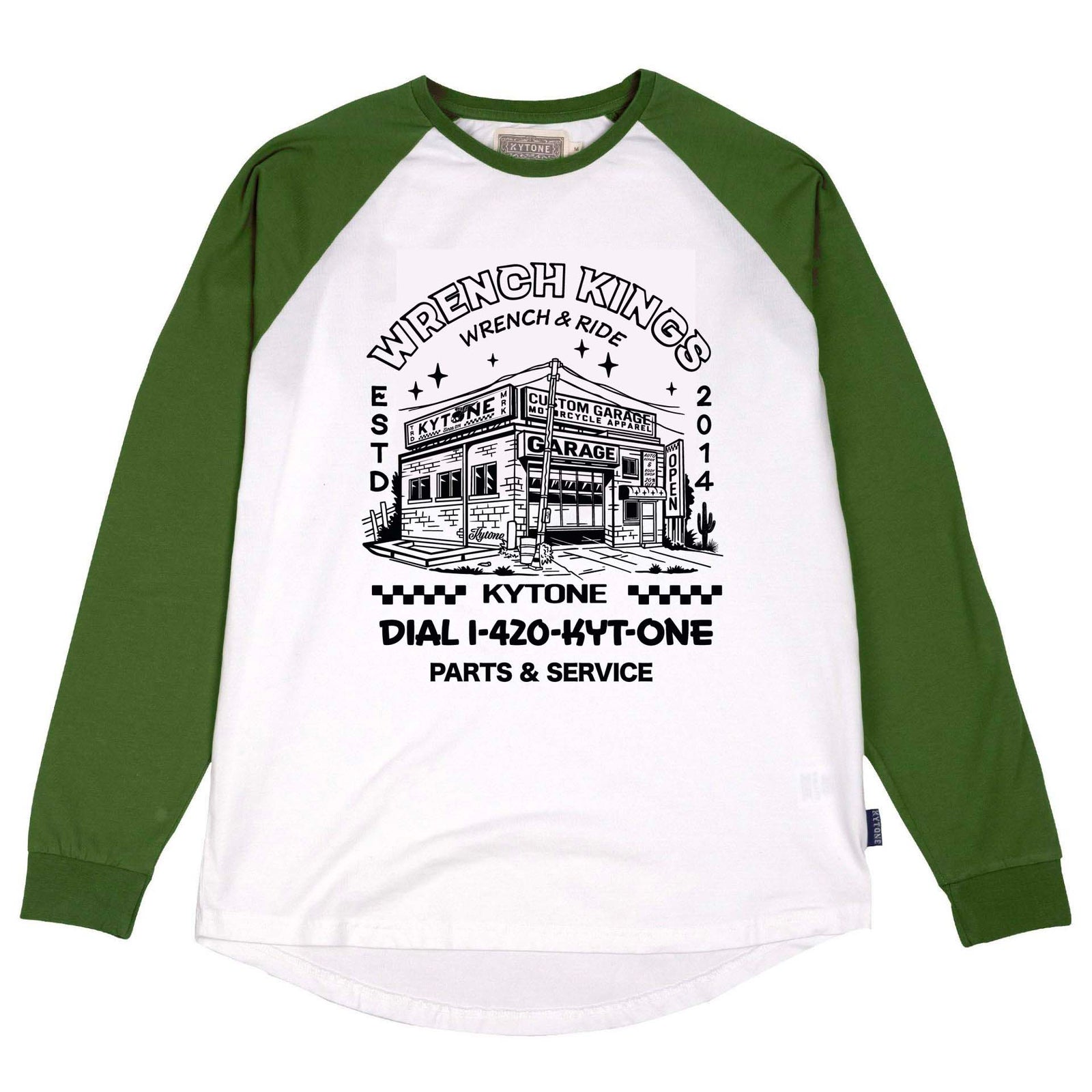 Kytone Wrench Long Sleeve Raglan T'Shirt - White/Army Green - Salt Flats Clothing