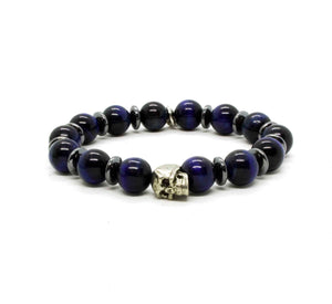 Black Pearl Creations Blue Tiger Eye & Patinated Pewter Skull Bracelet