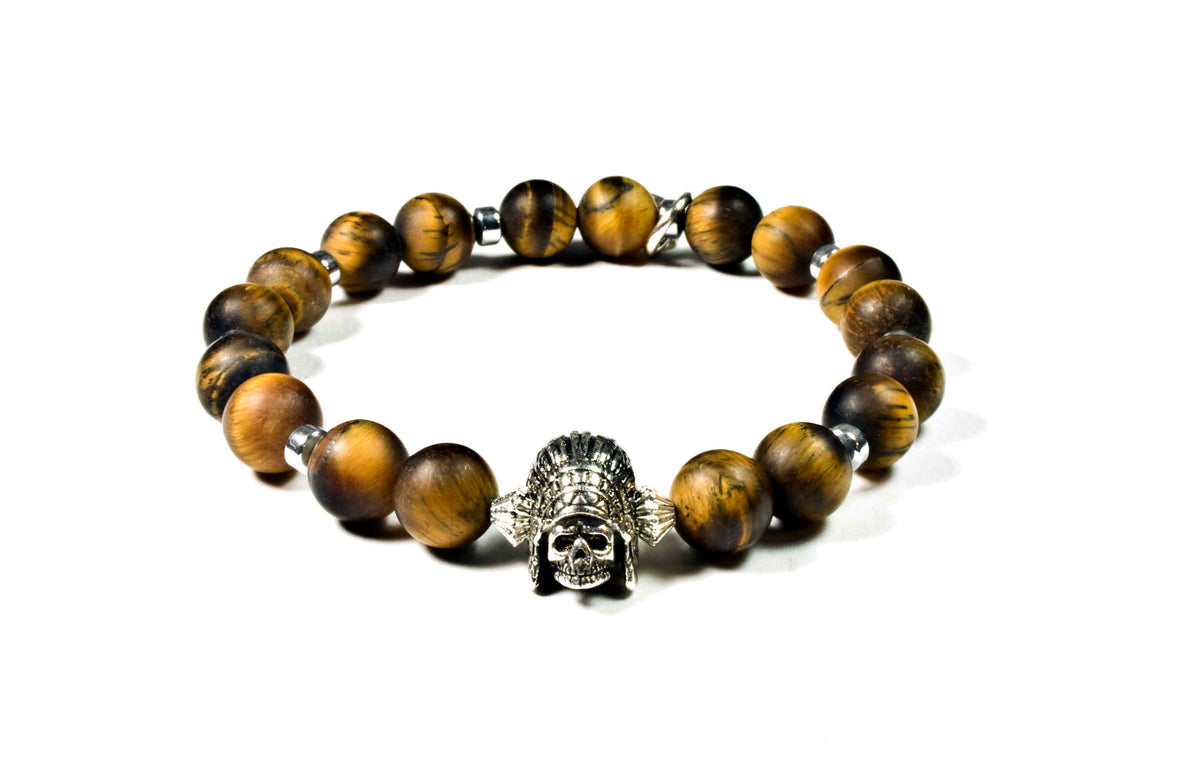 Black Pearl Creations Matte Tiger Eye &amp; Indian Skull Bracelet