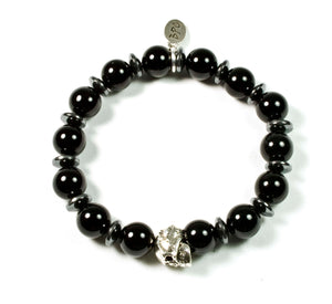 Black Pearl Creations Shiny Black Onyx & Patinated Pewter Skull Bracelet